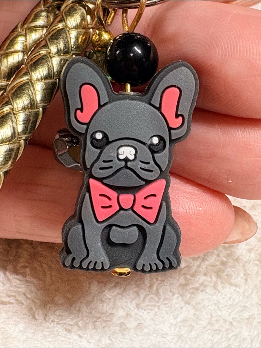 Hand Crafted Gray French Bulldog Keychain with Pink Bow